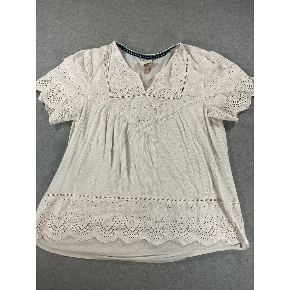 Knox Rose Womens XL White Eyelet Embroidered Boho V-Neck Short Sleeve 2736